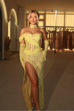 Yellow Lace Strapless Sleeveless Long Split Mermaid Prom Dress With Long Gloves And Necklace