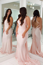 Charming Mermaid V Neck Pink Stretch Satin Prom Dress