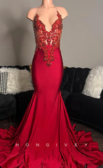 L2913 - V-Neck Halter Illusion Appliques Party Prom Evening Dress For Black Women