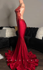 L2913 - V-Neck Halter Illusion Appliques Party Prom Evening Dress For Black Women