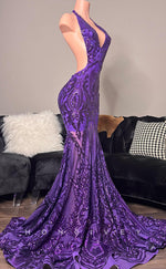 L2914 - Trumpet V-Neck Halter Open Back Appliques Party Prom Evening Dress For Black Women