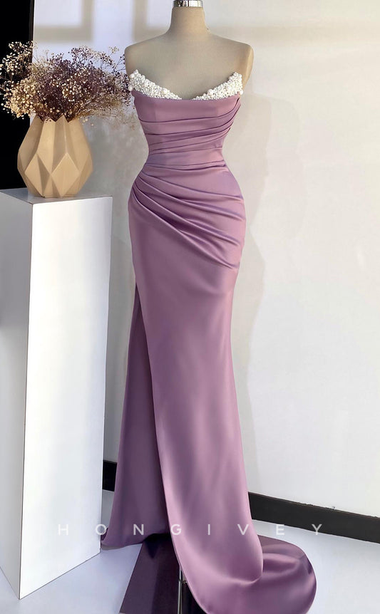 L2763 - Satin V-Neck Strapless Beaded Pleats With Side Slit Party Prom Evening Dress