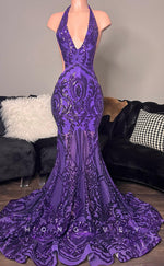 L2914 - Trumpet V-Neck Halter Open Back Appliques Party Prom Evening Dress For Black Women