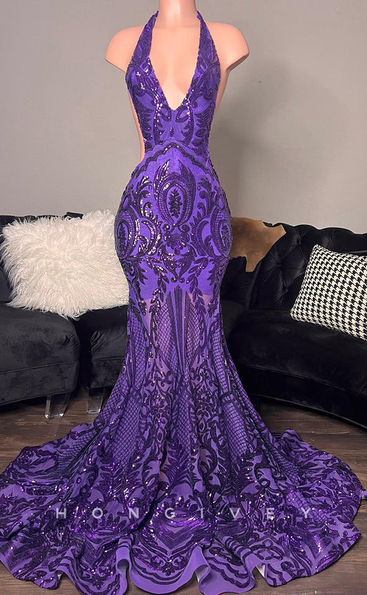 L2914 - Trumpet V-Neck Halter Open Back Appliques Party Prom Evening Dress For Black Women