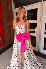 A Line Sweetheart Black Dot Floral Satin Prom Dress with Bow