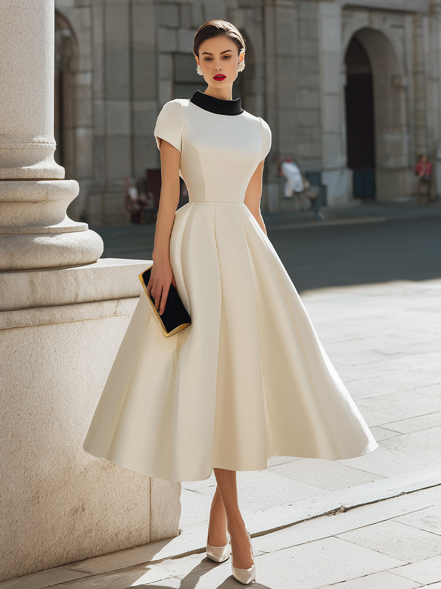 Contrast Collar Fit-and-Flare Midi Dress