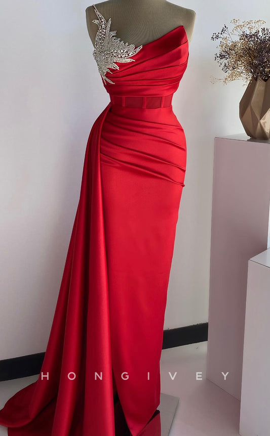 L2775 - Satin Sheath One Shoulder Ruched Beaded With Side Slit Party Prom Evening Dress