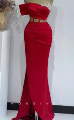 L2776 - One Shoulder Fitted Illusion Beaded With Side Slit Party Prom Evening Dress