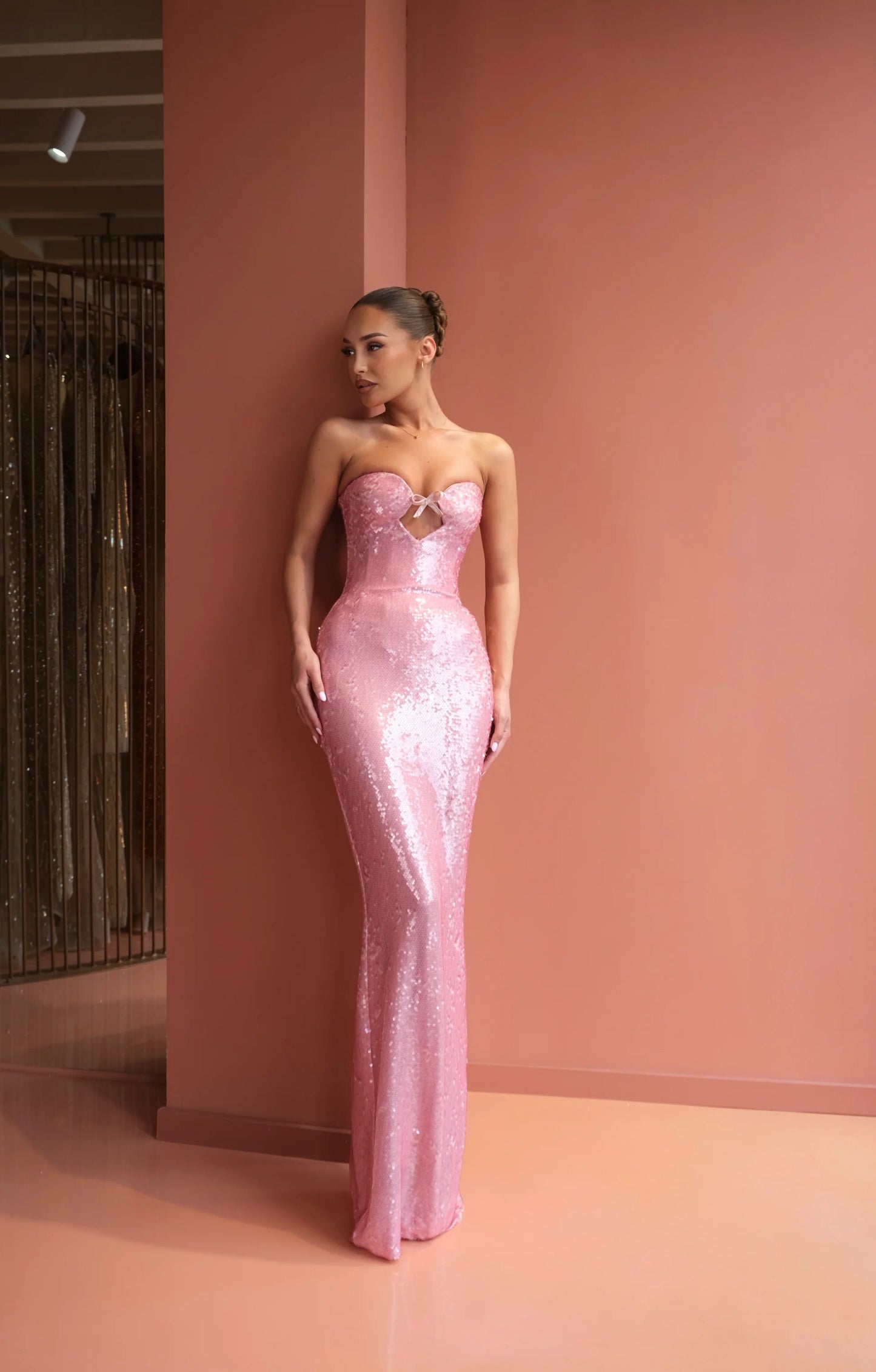 Pink Sequins Sweetheart Sleevless Cut Outs Mermaid Prom Dress Floor-Length