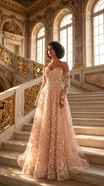 Elegant Lace Long Sleeve Flowers A-Line Floor-Length Wedding Dress