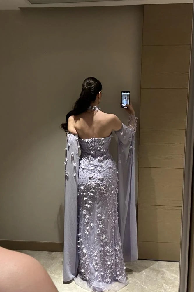 Halter High Neck Detachable Lace Flowers Long Sleeve Mermaid Evening Dress