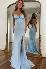 Charming Mermaid V Neck Light Blue Long Prom Dress with Hot Stone