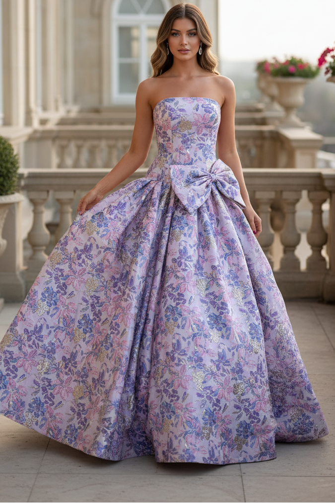 Cute A Line Strapless Laveder Jacquard Satin Prom Dress