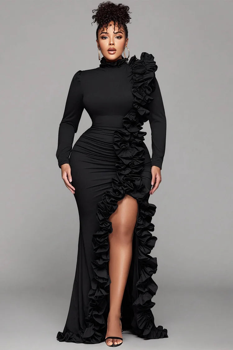 Plus Size Formal Black Round Neck Long Sleeve Split Elegant Ruffle 3D Satin Maxi Dresses