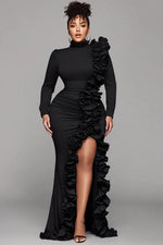 Plus Size Formal Black Round Neck Long Sleeve Split Elegant Ruffle 3D Satin Maxi Dresses