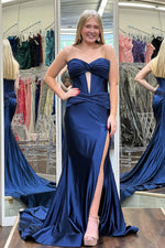 Mermaid Sweetheart Teal Satin Long Prom Dresses with Side Slit VK25101701