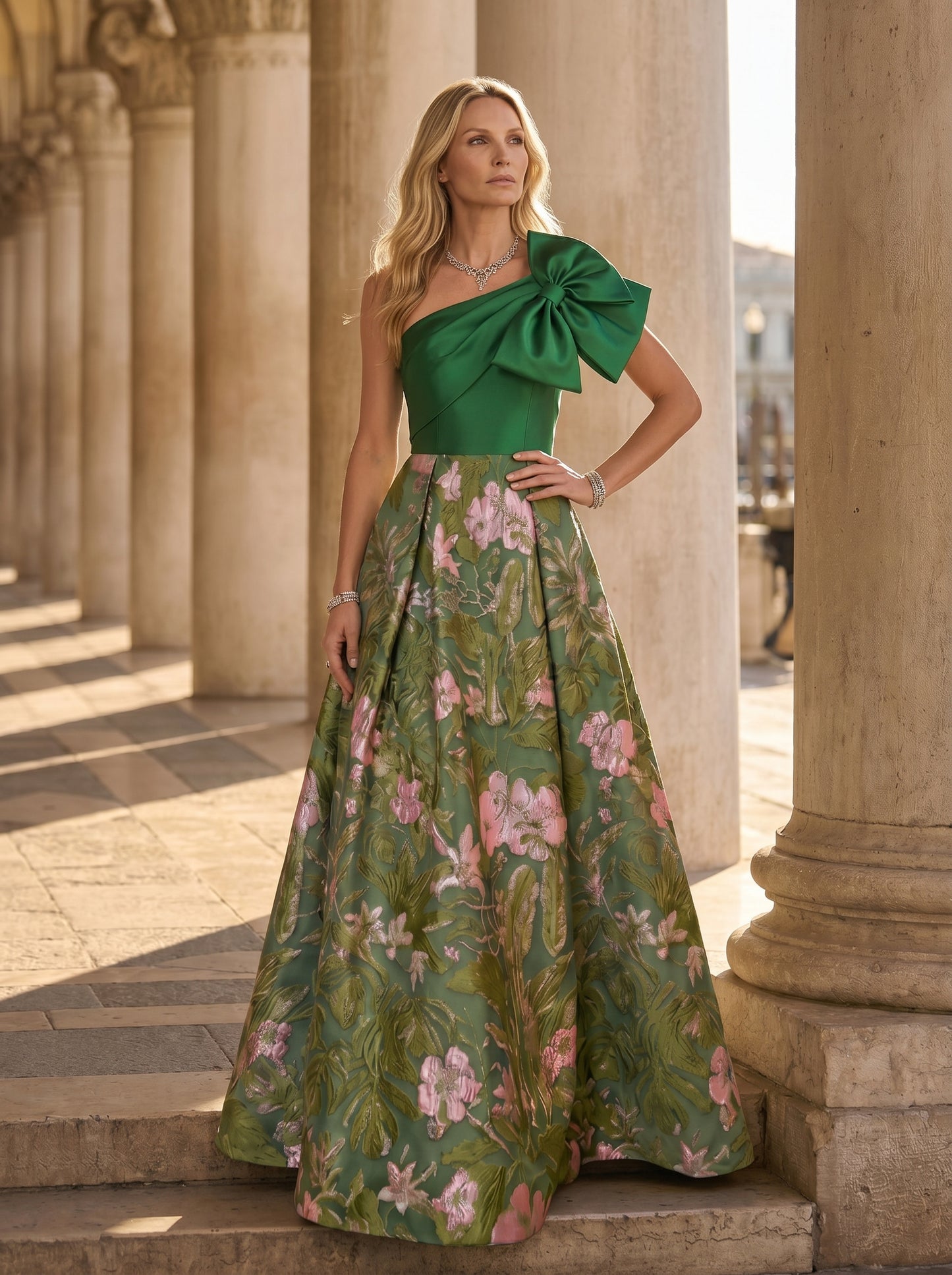 Floral Jacquard One Shoulder A-Line Mother of the Bride Floor-Length Evening Gowns with Bow Pockets
