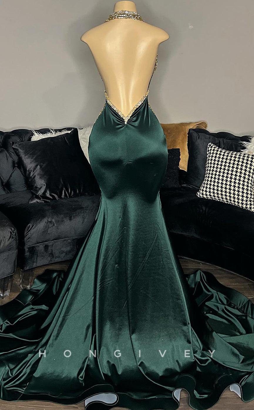 L2918 - Sexy Halter Open Back Appliques Party Prom Evening Dress For Black Women