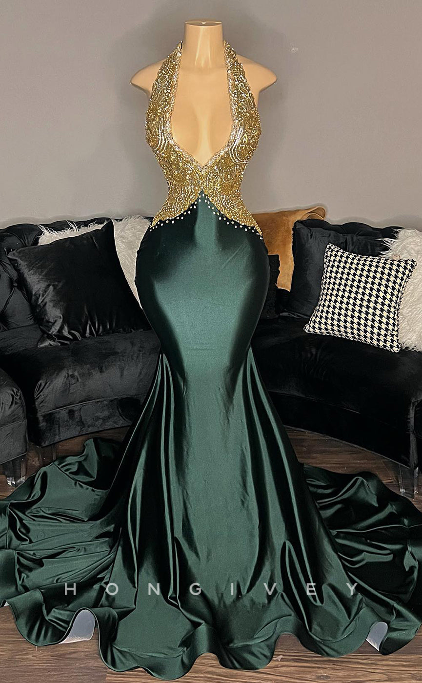 L2918 - Sexy Halter Open Back Appliques Party Prom Evening Dress For Black Women