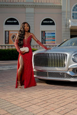 Modern Red V-Neck Sleeveless Split Prom Dress Tulle Long With Pearls