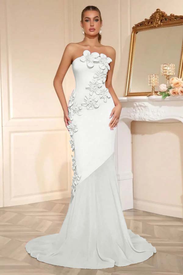 Candy Pink Strapless Sleeveless Long Mermaid Prom Dress With Flower Appliqués