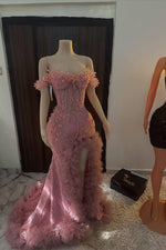 Dusty Pink Off-the-Shoulder Mermaid Prom Dress Split With Beadings Crystals Ruffles