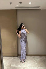 Halter High Neck Detachable Lace Flowers Long Sleeve Mermaid Evening Dress