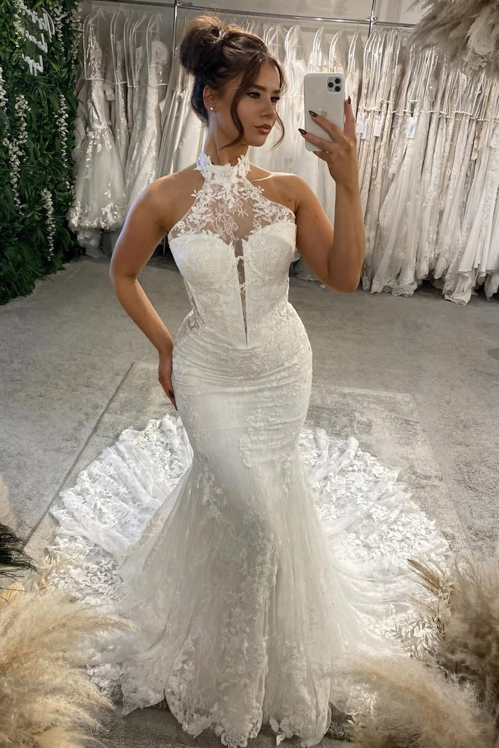 Charming Mermaid Halter Lace Beach Wedding Dress