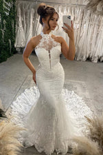 Charming Mermaid Halter Lace Beach Wedding Dress