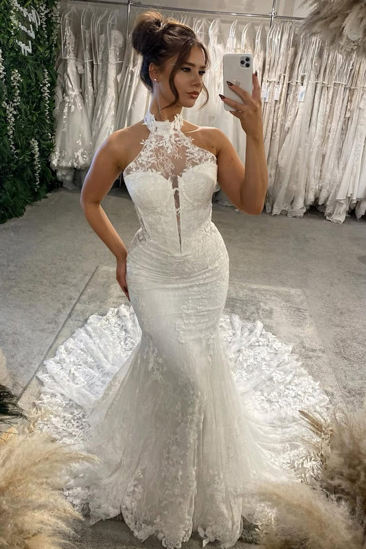 Charming Mermaid Halter Lace Beach Wedding Dress