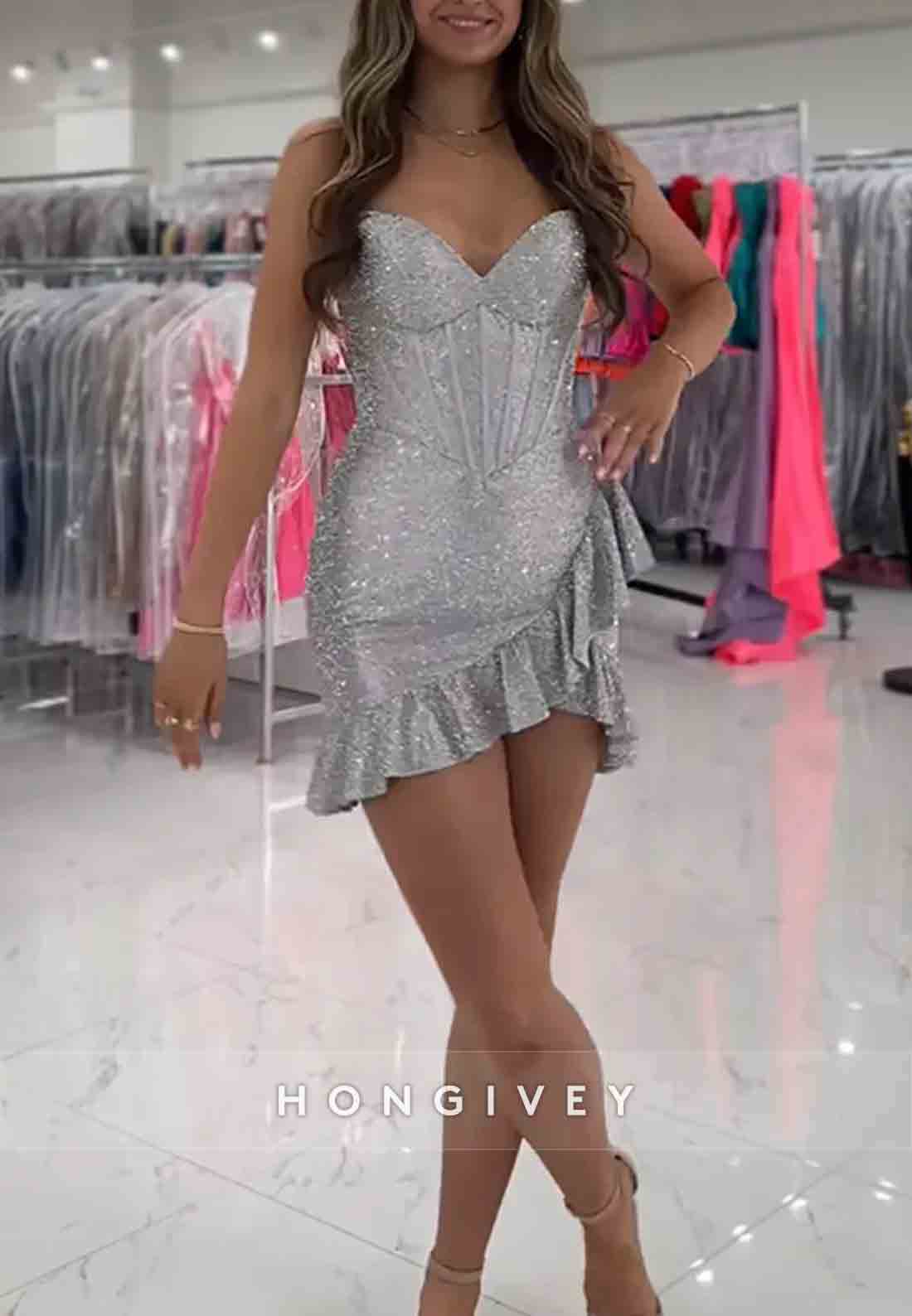 Sparkly Sheath Sweetheart Hot Strapless Short Homecoming Dress with Beading