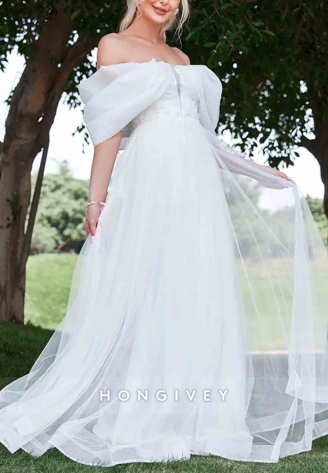Floor-Length Off the Shoulder A-Line Tulle Shawl Wedding Dress