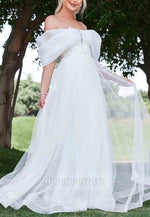 Floor-Length Off the Shoulder A-Line Tulle Shawl Wedding Dress