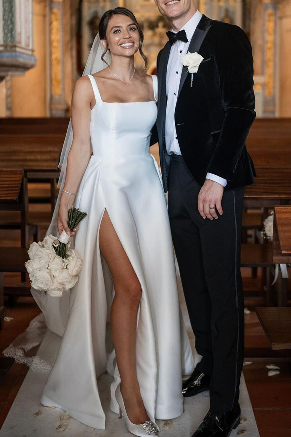 Fashion A Line Square Neck Satin Long Wedding Dresses with Slit