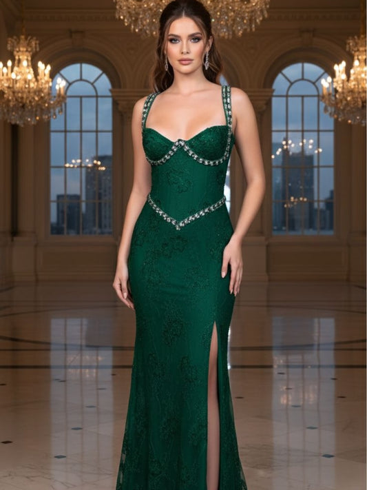 Sleeveless Spaghetti Straps Beaded V-Neck Mermaid Split Prom Dress