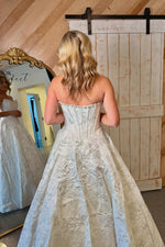 Cute A Line Scoop Neck White Jacquard Satin Prom Dress