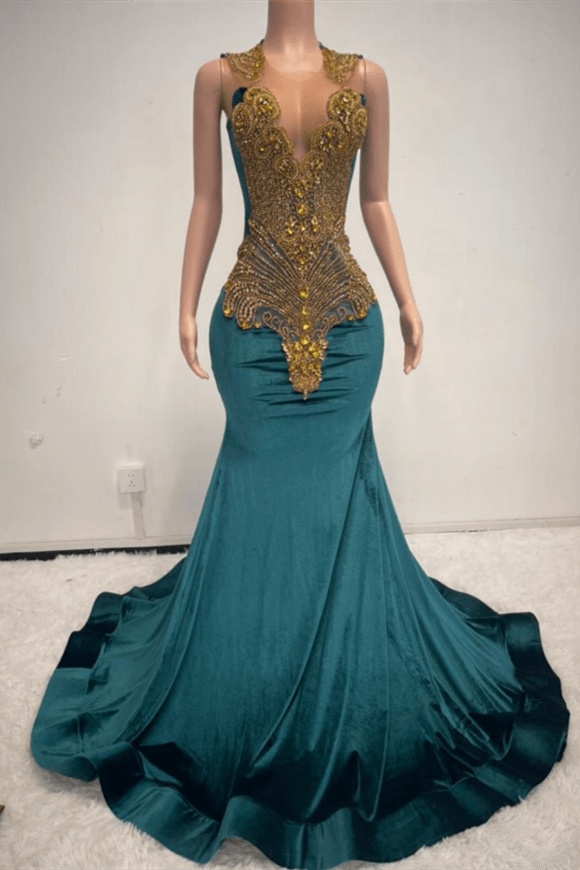 Ink Blue Scoop Sleeveless Mermaid Prom Dress Velvet Long With Beadings