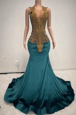 Ink Blue Scoop Sleeveless Mermaid Prom Dress Velvet Long With Beadings