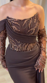 One Shoulder Detachable Long Sleeve Beaded Sequins Mermaid Evening Dress