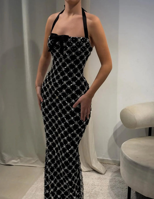 Black Halter Sleeveless Beaded Sequins Sparkle Mermaid Prom Dress