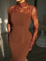 Lace High Neck Long Sleeve Mermaid Floor-Length Floraml Women Evening Dress