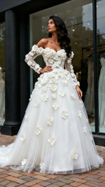 Long Sleeves Tulle Flowers Off The Shoulder Wedding Dress