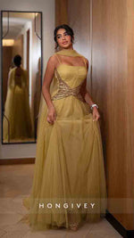 Spaghetti Straps Tulle A-Line Beaded Floor-Lenght Prom Dress