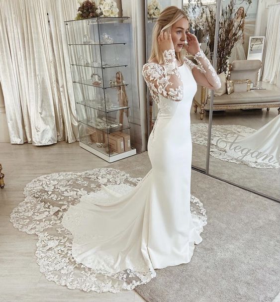 Chapel-length Petal Train Low Back Stretch Crepe Wedding Dress With Long Sleeves