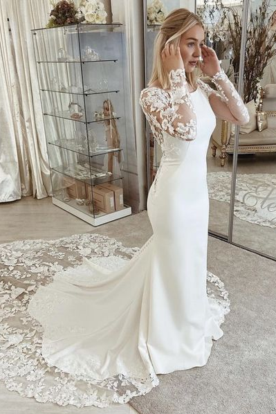 Chapel-length Petal Train Low Back Stretch Crepe Wedding Dress With Long Sleeves