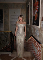 Glitter Off the Shoulder Sleeveless Sequins Sparkle Mermaid Side Slit Prom Dress