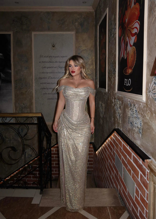 Glitter Off the Shoulder Sleeveless Sequins Sparkle Mermaid Side Slit Prom Dress