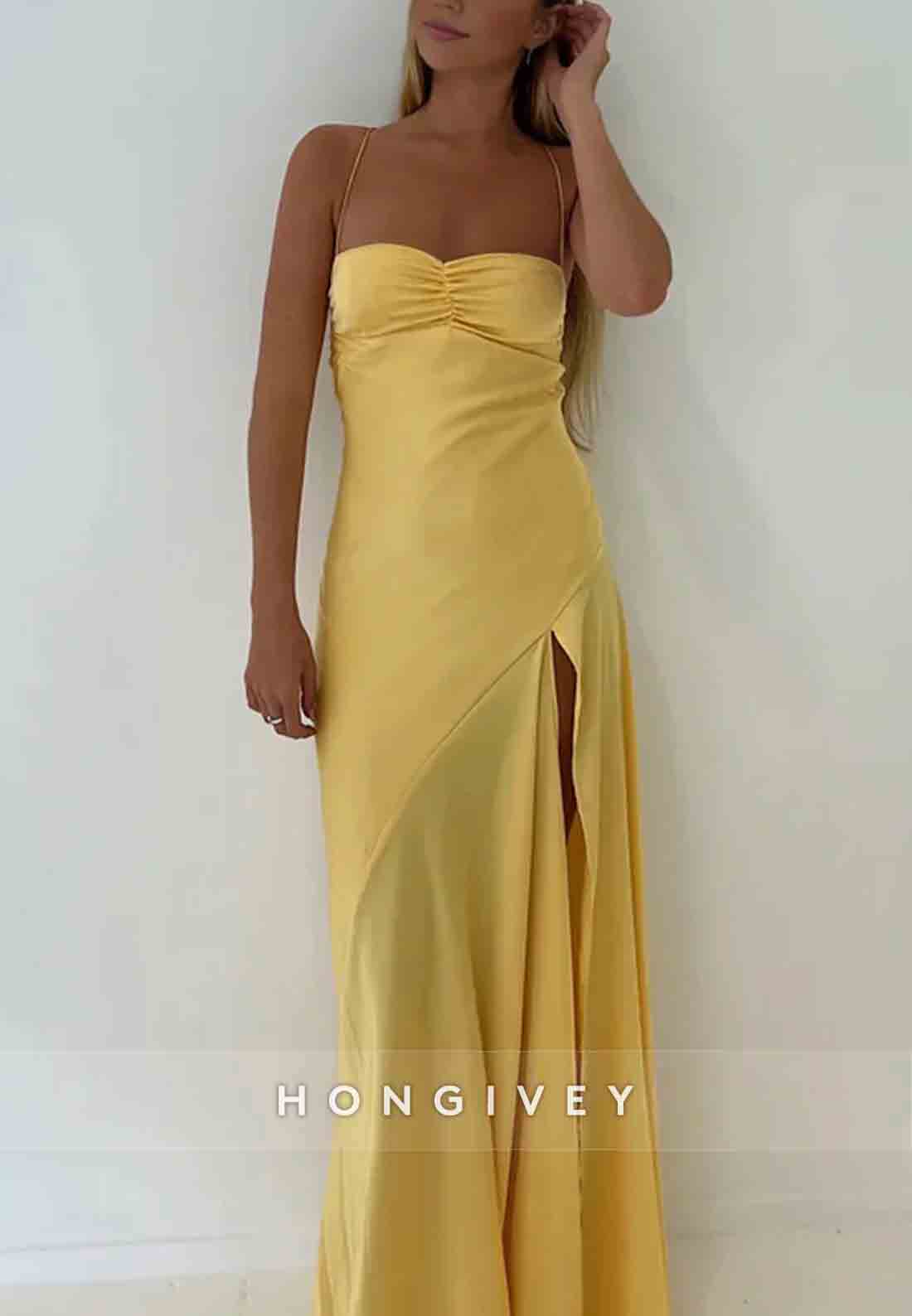 Spaghetti Straps Simple Sheath Pink Long Party Dress with High Slit