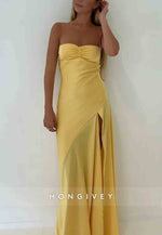 Spaghetti Straps Simple Sheath Pink Long Party Dress with High Slit