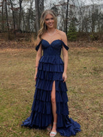 Gorgeous Royal Blue A-Line Off The Shoulder Long Beaded Prom Dress